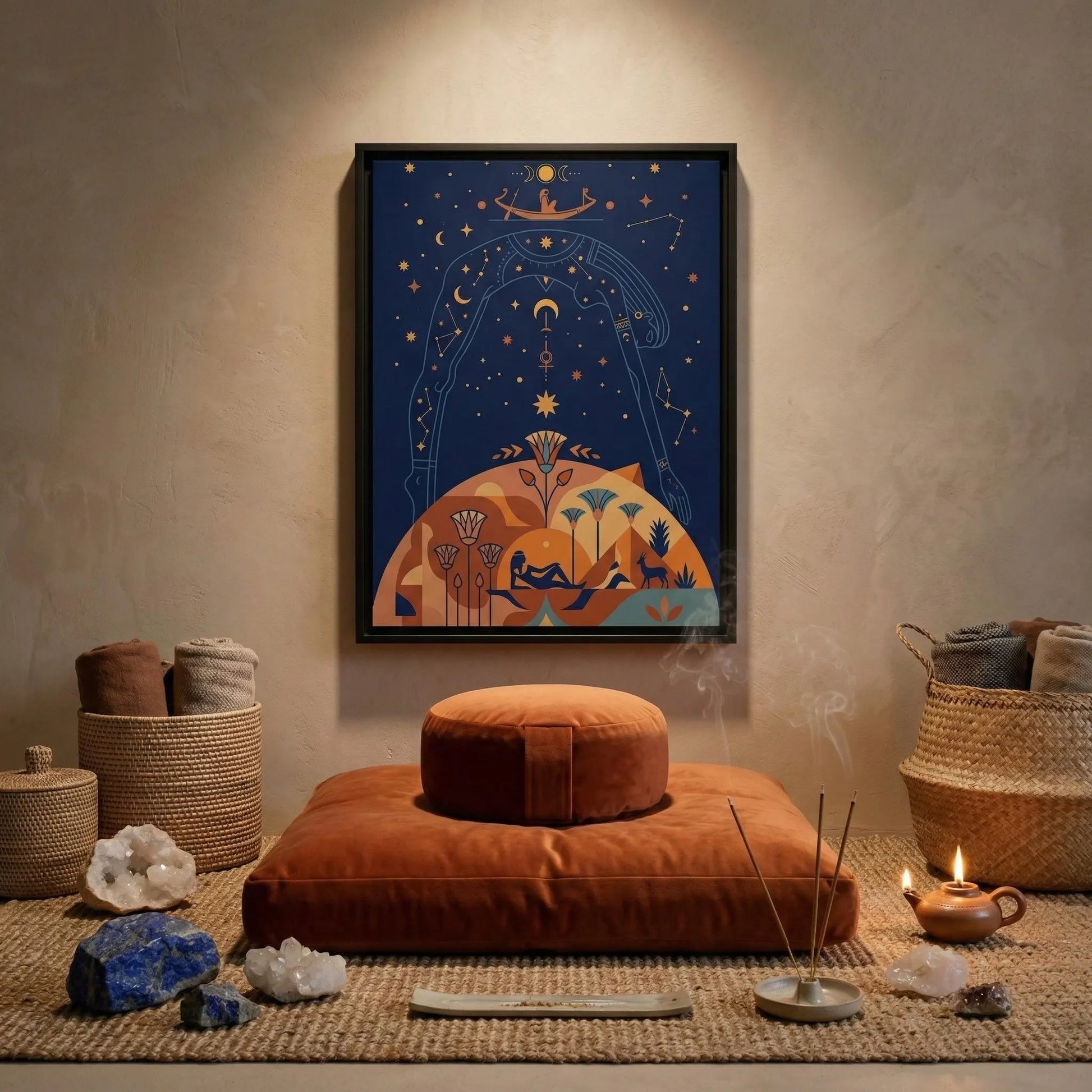 Cosmic Egyptian sky goddess luxury canvas in master bedroom with linen bedding and brass lamps
