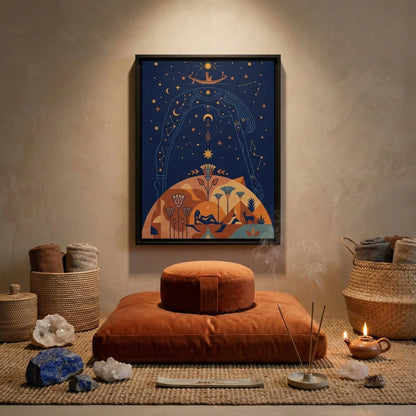 Cosmic Egyptian sky goddess luxury canvas in master bedroom with linen bedding and brass lamps