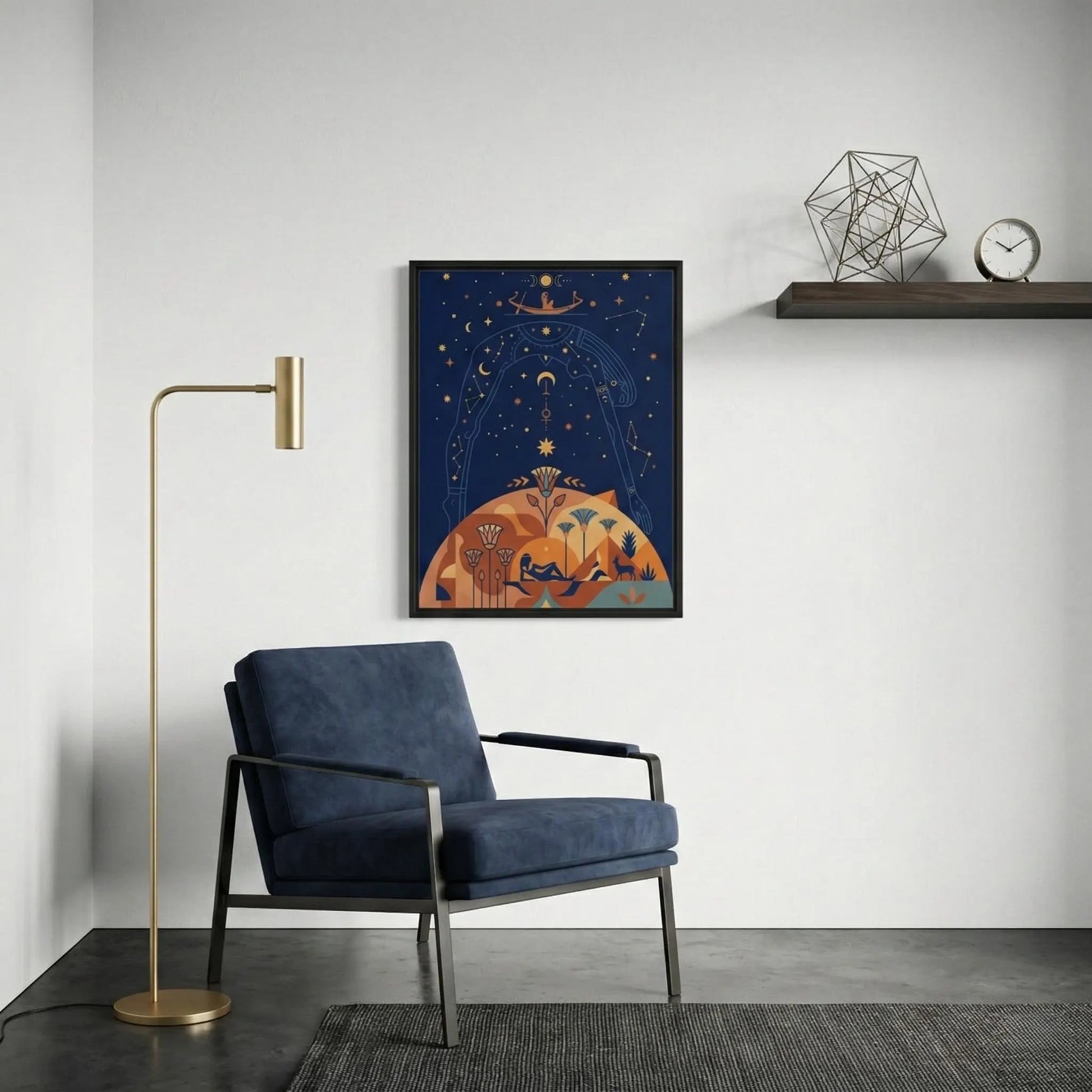 Cosmic Egyptian feminine canvas in modern entryway with brass console — luxury celestial decor