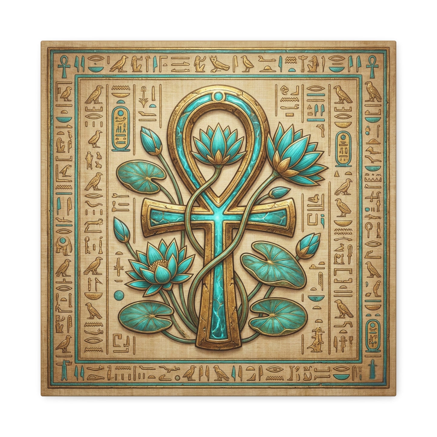 Egyptian Ankh and lotus canvas in modern living room above linen sofa with spiritual decor