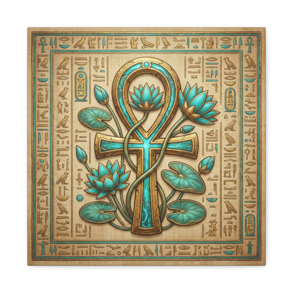 Egyptian Ankh and lotus canvas in modern living room above linen sofa with spiritual decor