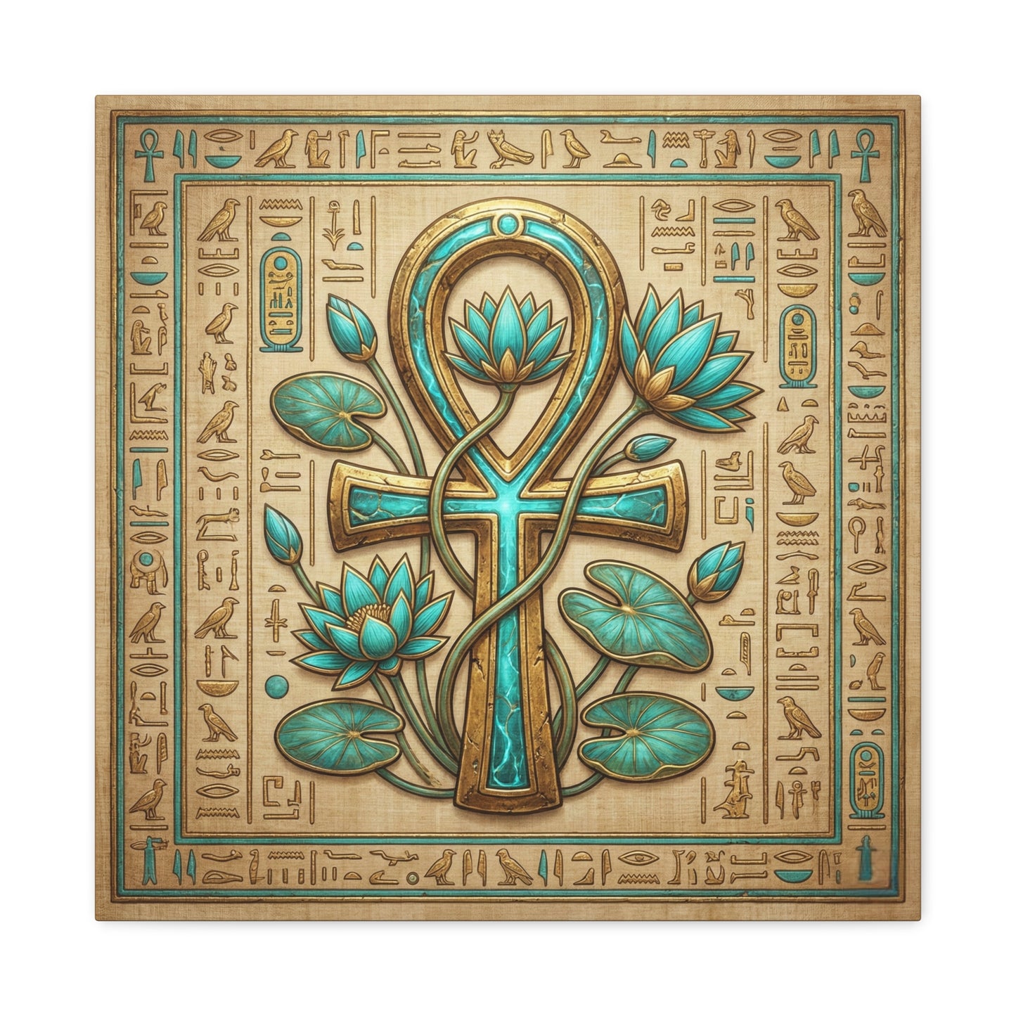 Egyptian Ankh lotus canvas in meditation corner with linen pillows and warm spiritual decor