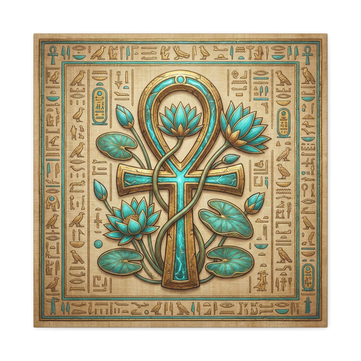 Ankh and lotus Egyptian canvas above queen bed in calming spiritual bedroom interior