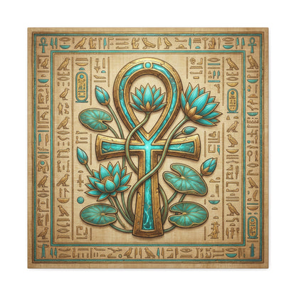 Ankh and lotus Egyptian canvas above queen bed in calming spiritual bedroom interior