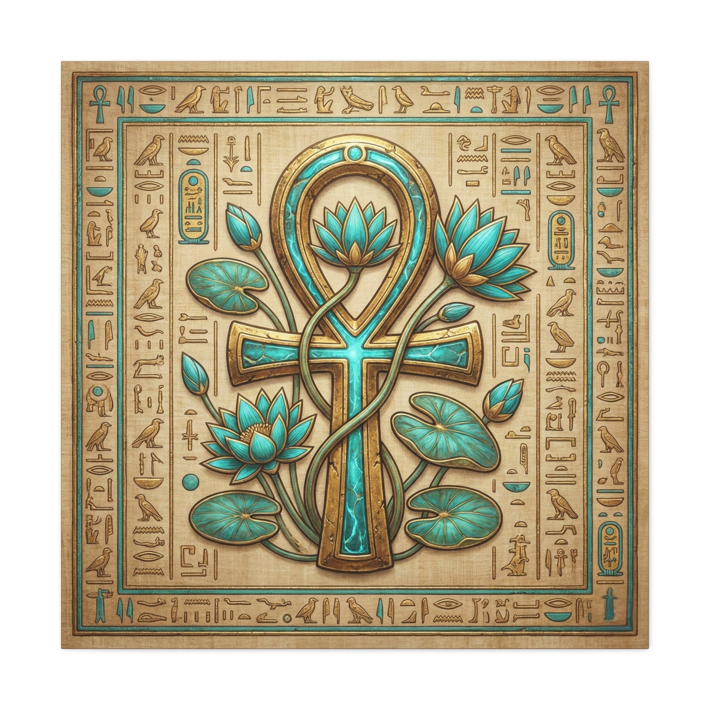 Ankh lotus Egyptian canvas in yoga studio above mat with sacred geometry decor