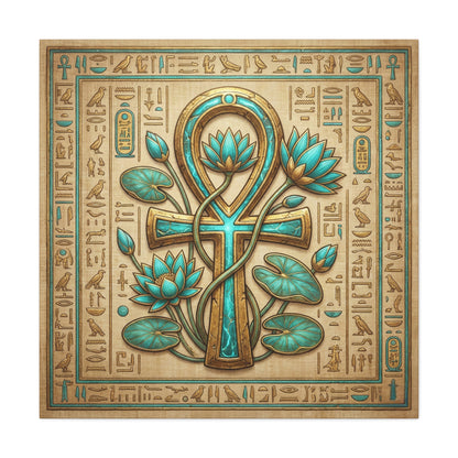 Ankh lotus Egyptian canvas in yoga studio above mat with sacred geometry decor