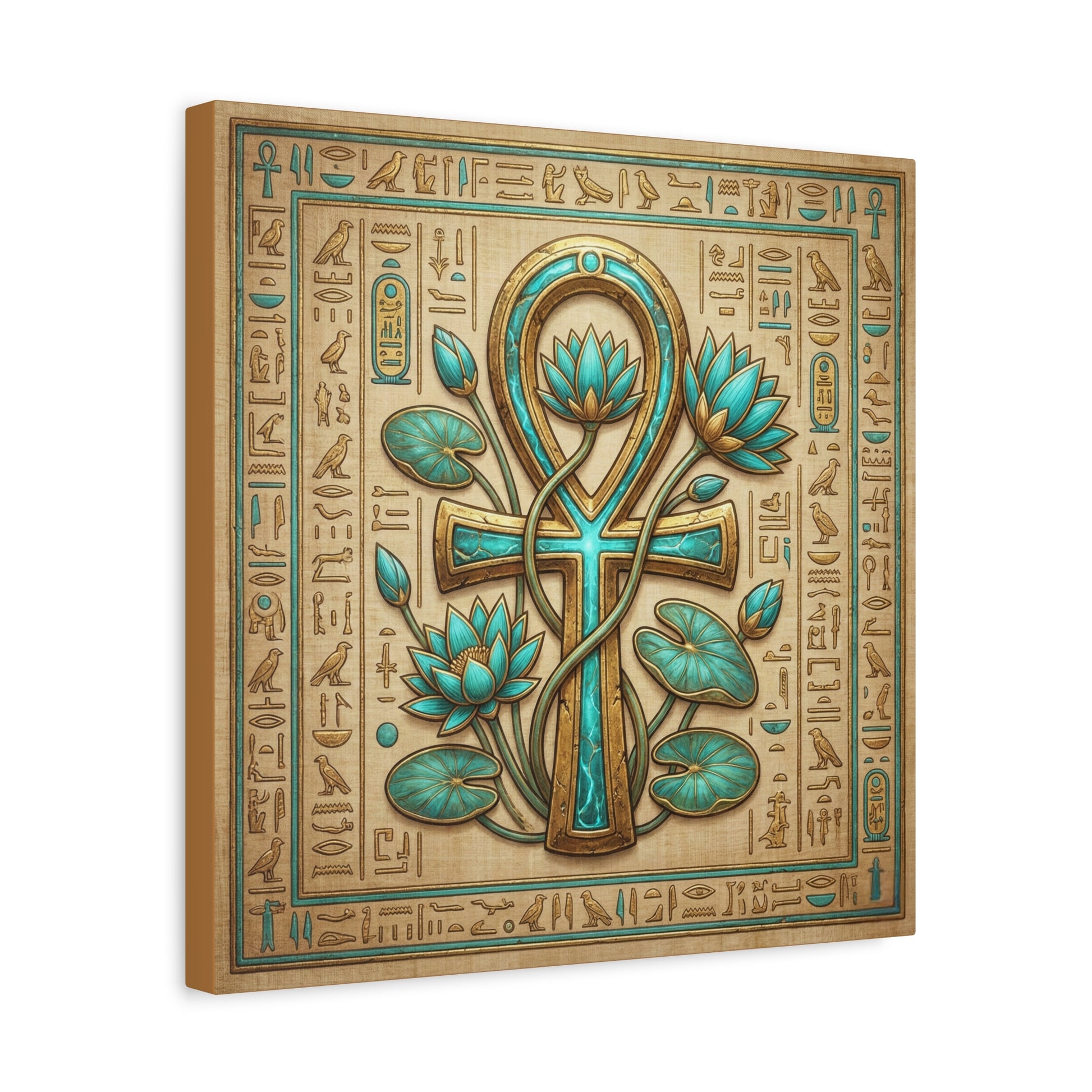 Ankh and lotus sacred symbols canvas above sacred altar with candles and crystals