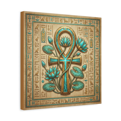 Ankh and lotus sacred symbols canvas above sacred altar with candles and crystals