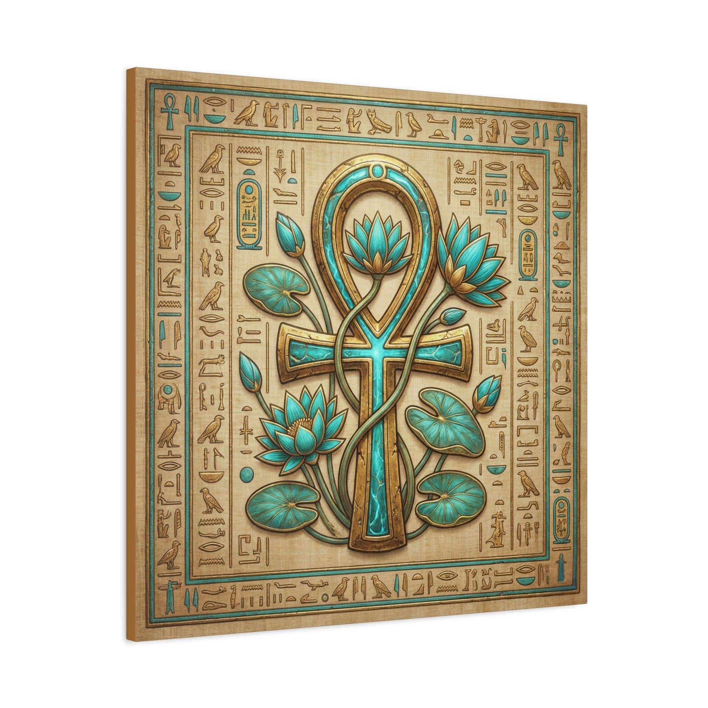 Sacred Egyptian Ankh and lotus canvas in modern entryway with brass console