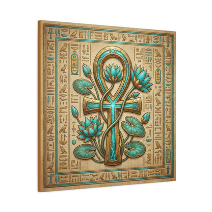 Sacred Egyptian Ankh and lotus canvas in modern entryway with brass console