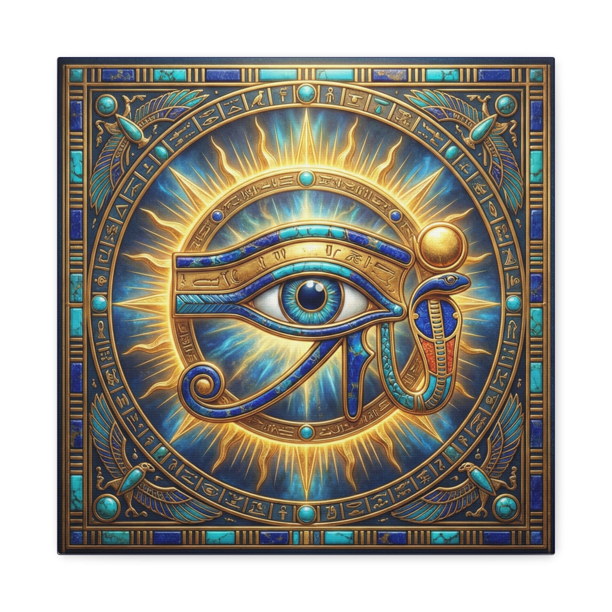 Eye of Ra canvas behind oak desk in modern home office — solar Egyptian power wall art