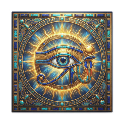 Egyptian Eye of Ra solar power canvas in modern study with mid century desk and lamp