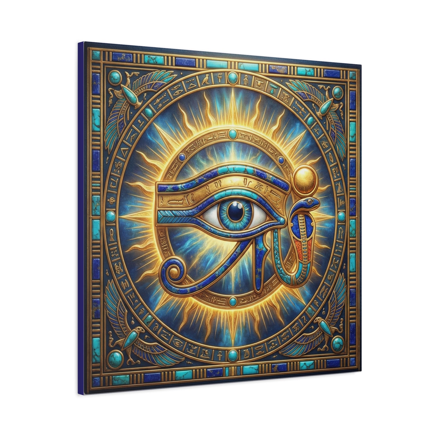 Eye of Ra Egyptian canvas as gallery wall centerpiece with Aten Sun and Eye of Horus three-piece set