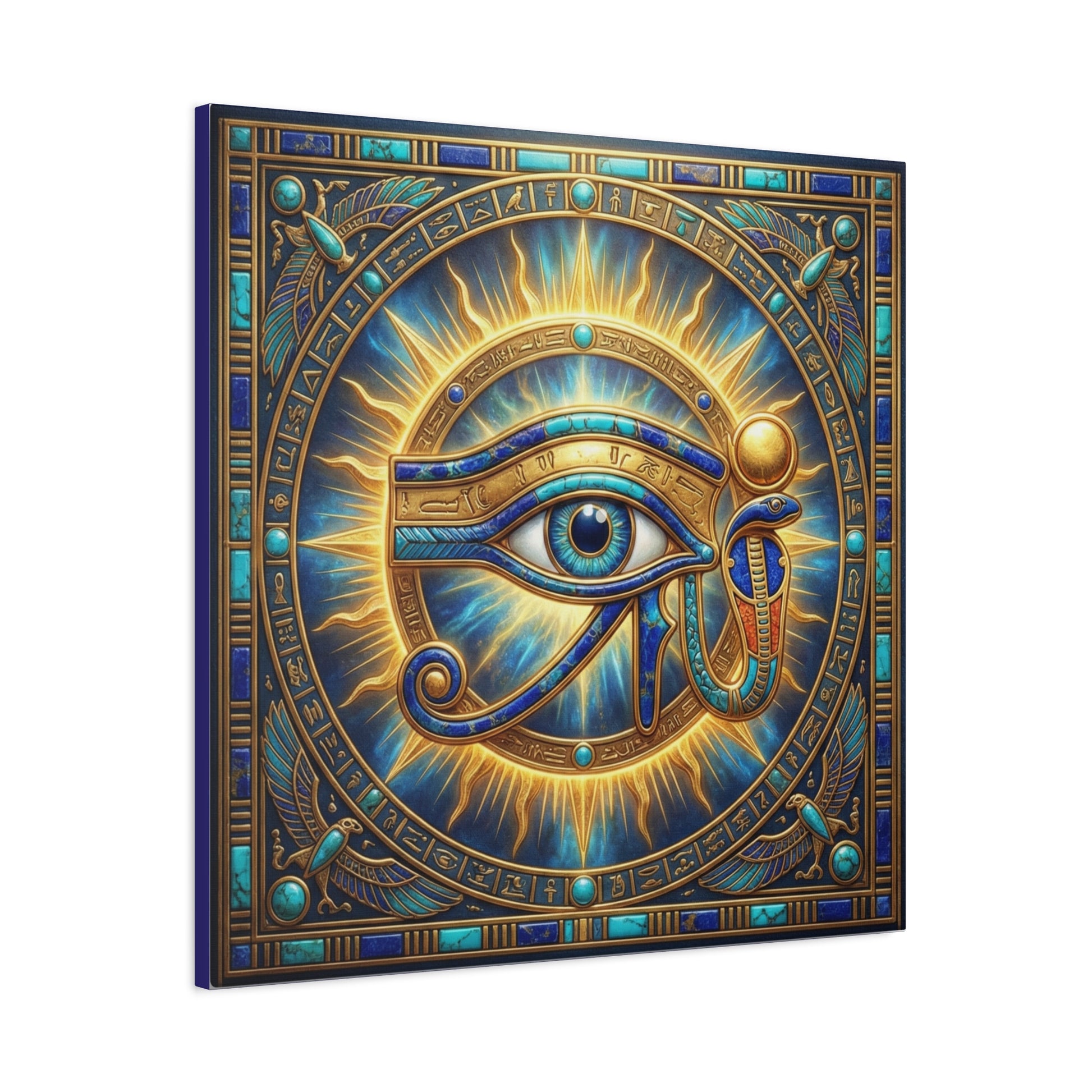Eye of Ra Egyptian canvas as gallery wall centerpiece with Aten Sun and Eye of Horus three-piece set