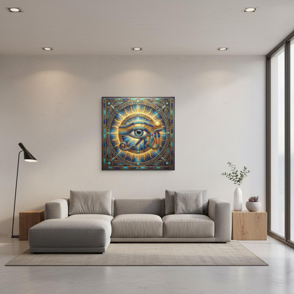 Egyptian Eye of Ra sun god canvas above leather sofa in masculine living room interior