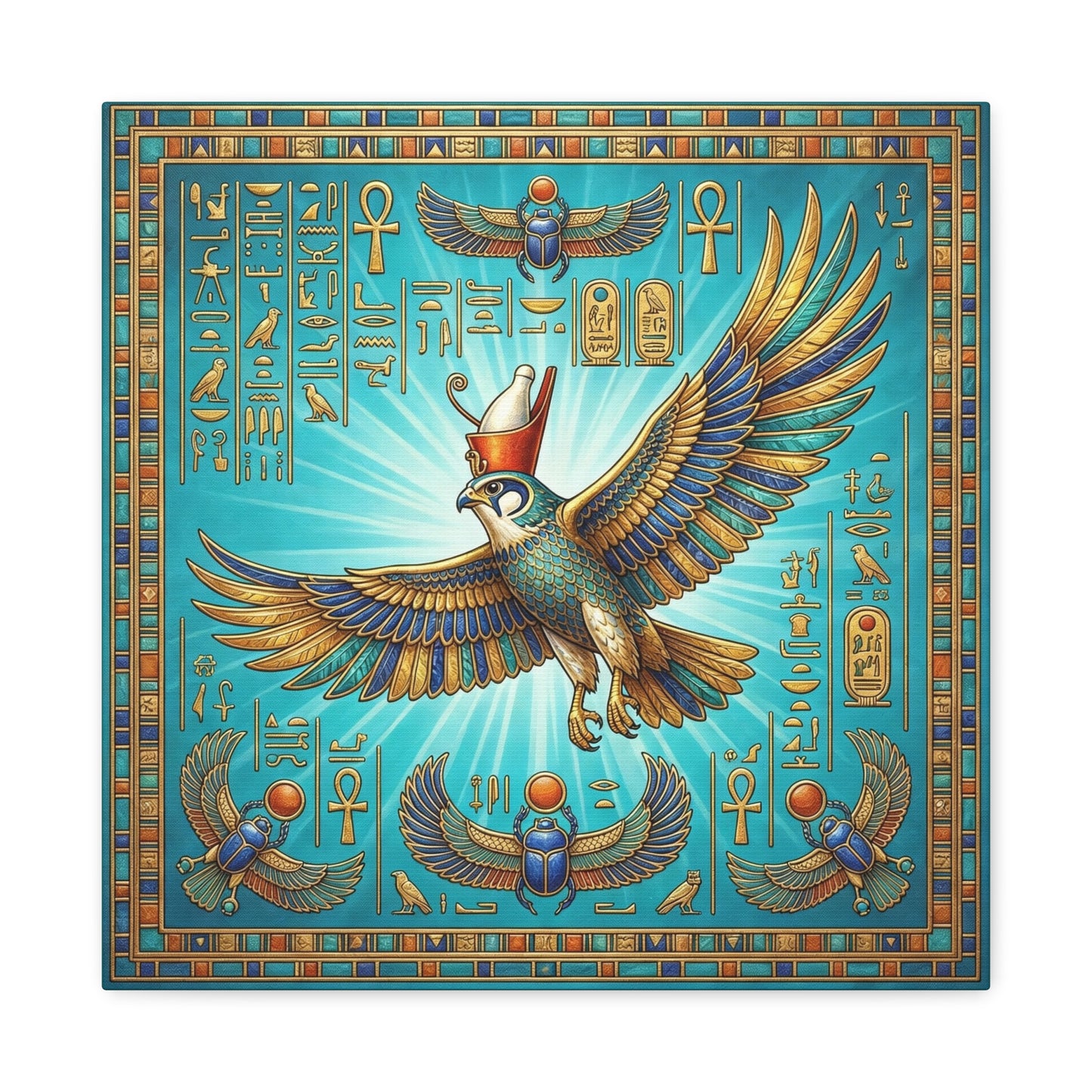 Egyptian Horus falcon canvas behind oak desk in masculine home office workspace