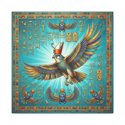 Egyptian Horus falcon canvas behind oak desk in masculine home office workspace