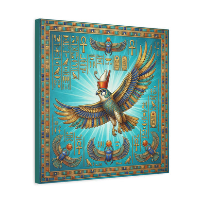 Sky guardian Horus Egyptian canvas in dining room with brass pendant and luxe decor