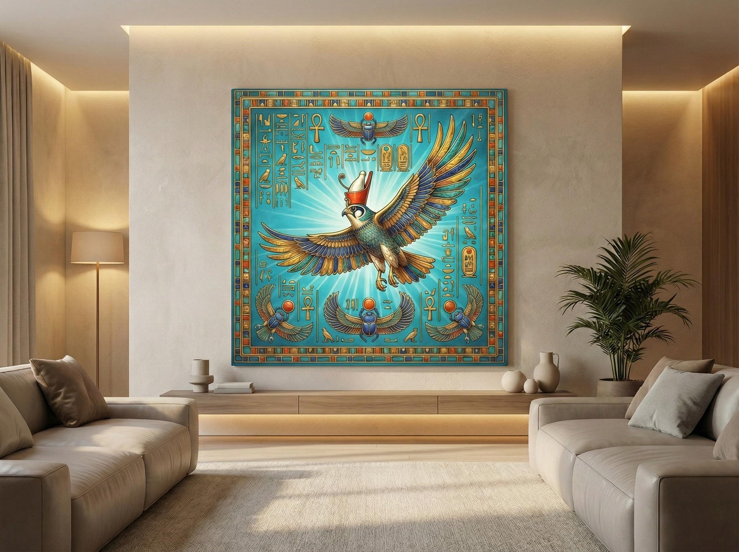 Horus falcon Egyptian canvas — sky guardian luxury wall art for office and entryway