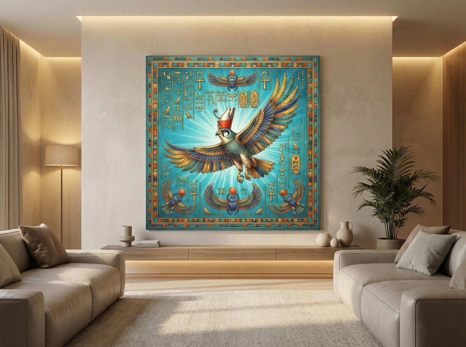 Horus falcon Egyptian canvas — sky guardian luxury wall art for office and entryway