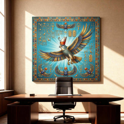 Close-up matte canvas texture detail on Horus falcon Egyptian sky guardian print