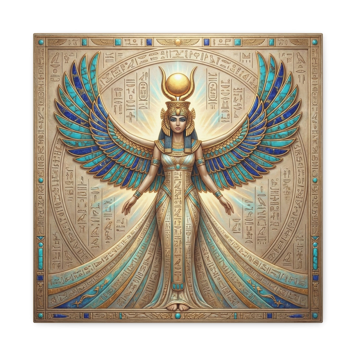 Egyptian goddess Isis divine mother canvas hung above queen bed in feminine bedroom interior
