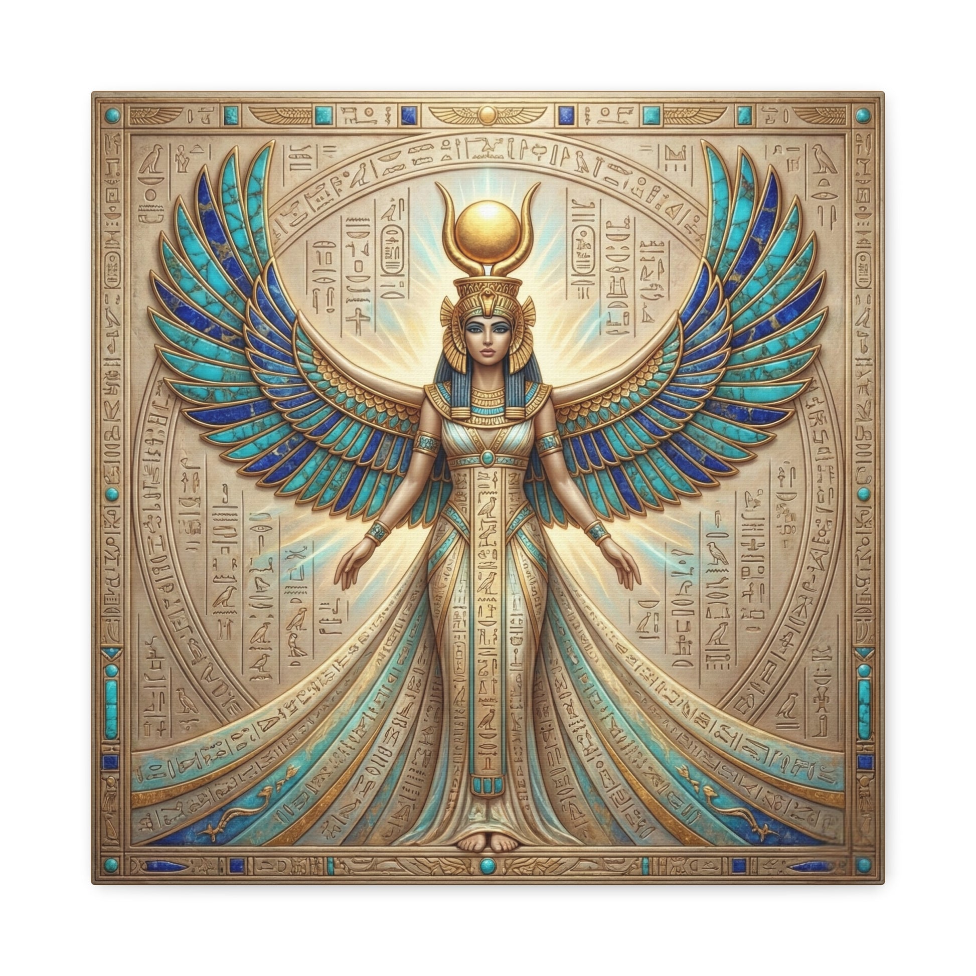 Egyptian goddess Isis divine mother canvas hung above queen bed in feminine bedroom interior