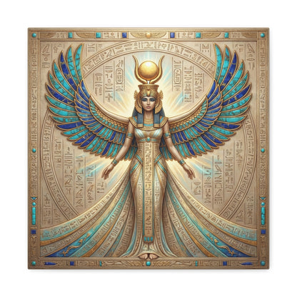 Egyptian goddess Isis divine mother canvas hung above queen bed in feminine bedroom interior