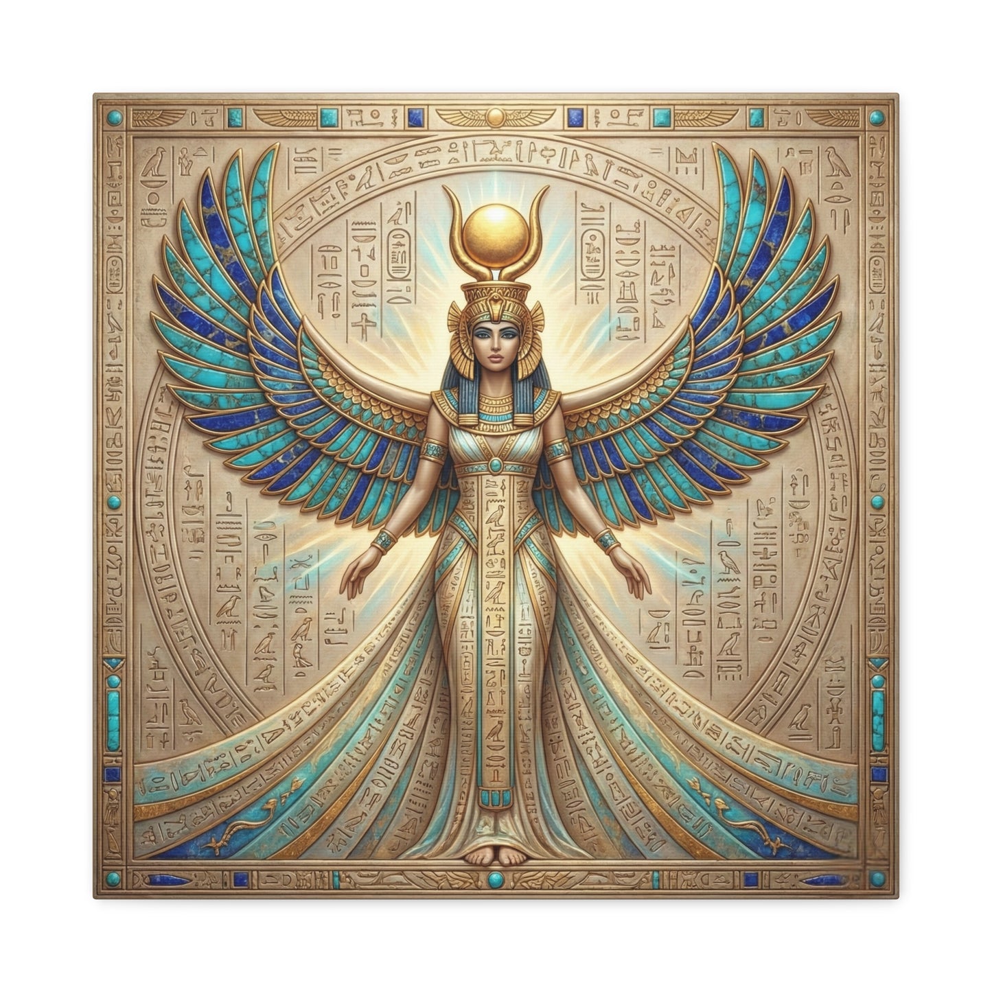 Divine mother Isis Egyptian canvas on sacred altar with candles and crystals — feminine spiritual decor