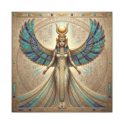 Divine mother Isis Egyptian canvas on sacred altar with candles and crystals — feminine spiritual decor