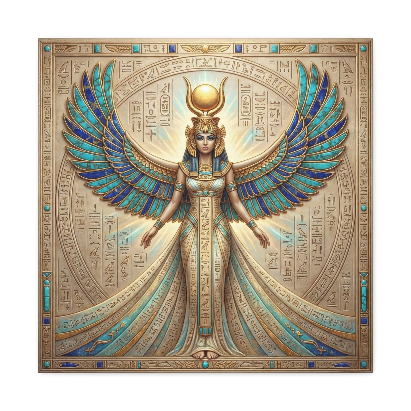 Goddess Isis Egyptian wall art in modern nursery with neutral palette and natural light