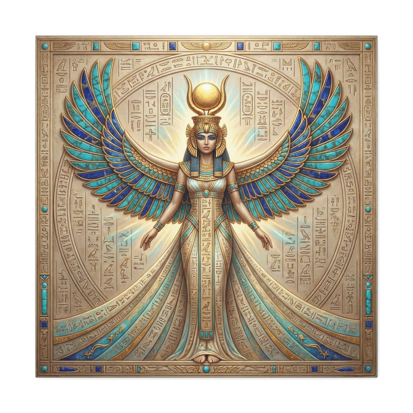 Close-up matte canvas texture and Greenguard Gold certified ink detail on Isis goddess Egyptian print