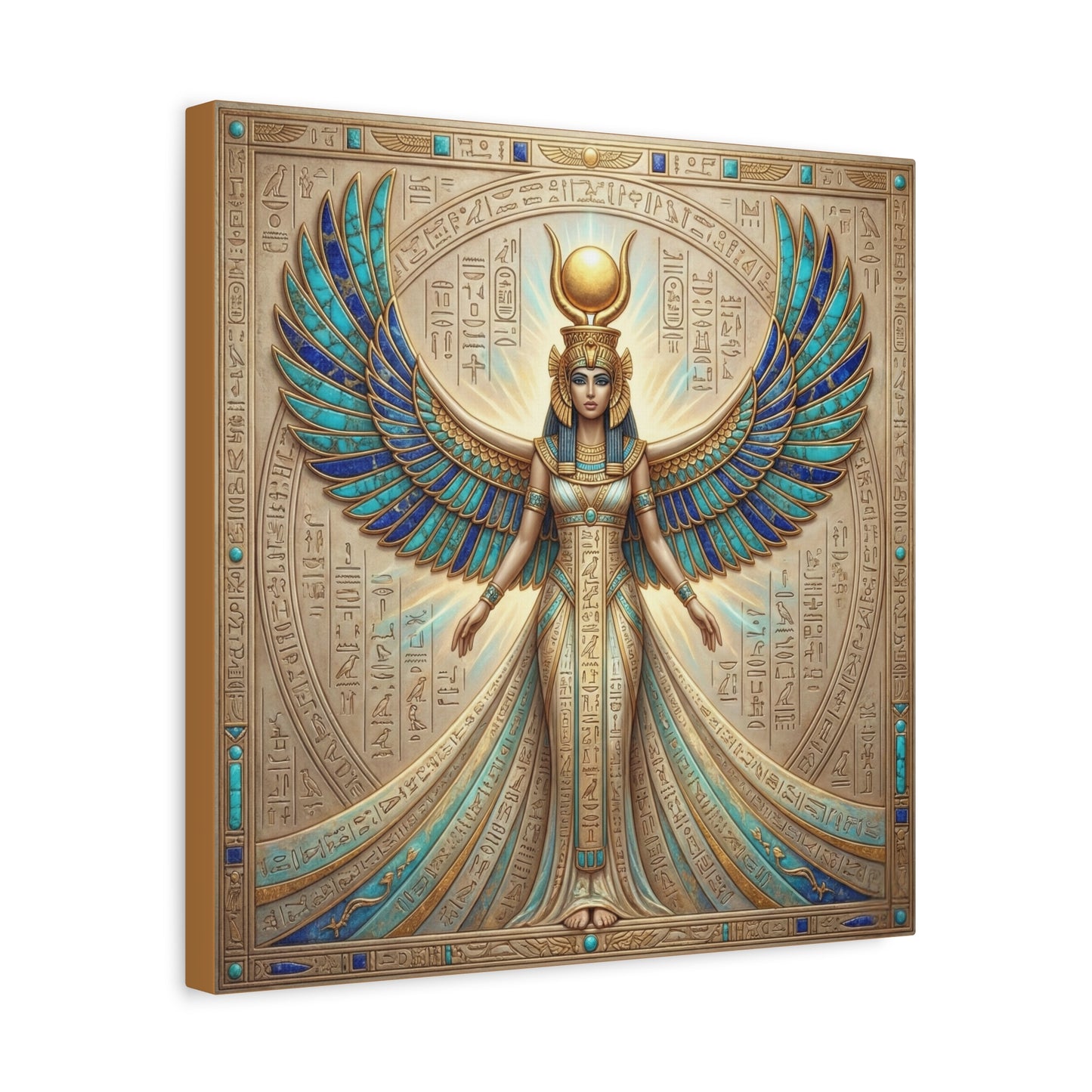 Isis divine mother canvas above mid century modern dresser in warm neutral feminine bedroom