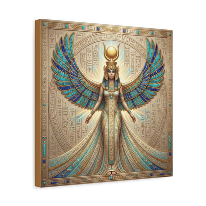 Isis divine mother canvas above mid century modern dresser in warm neutral feminine bedroom