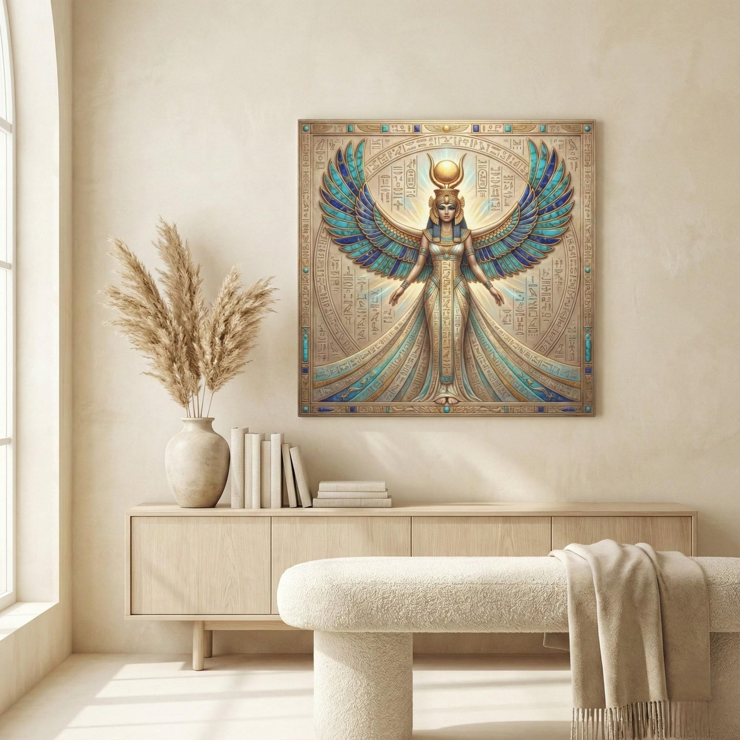 Isis goddess canvas in modern meditation room with linen pillows and warm neutral spiritual decor