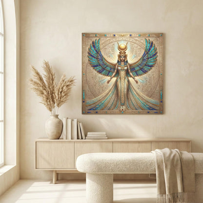 Isis goddess canvas in modern meditation room with linen pillows and warm neutral spiritual decor