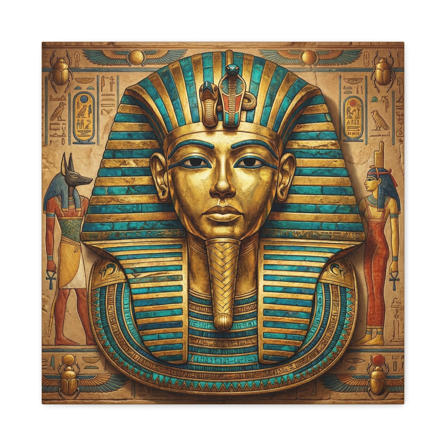 Minimalist Egyptian pharaoh canvas in modern study with concrete walls and brass accents