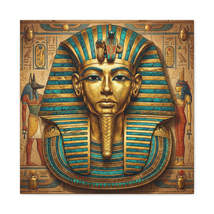 Minimalist Egyptian pharaoh canvas in modern study with concrete walls and brass accents
