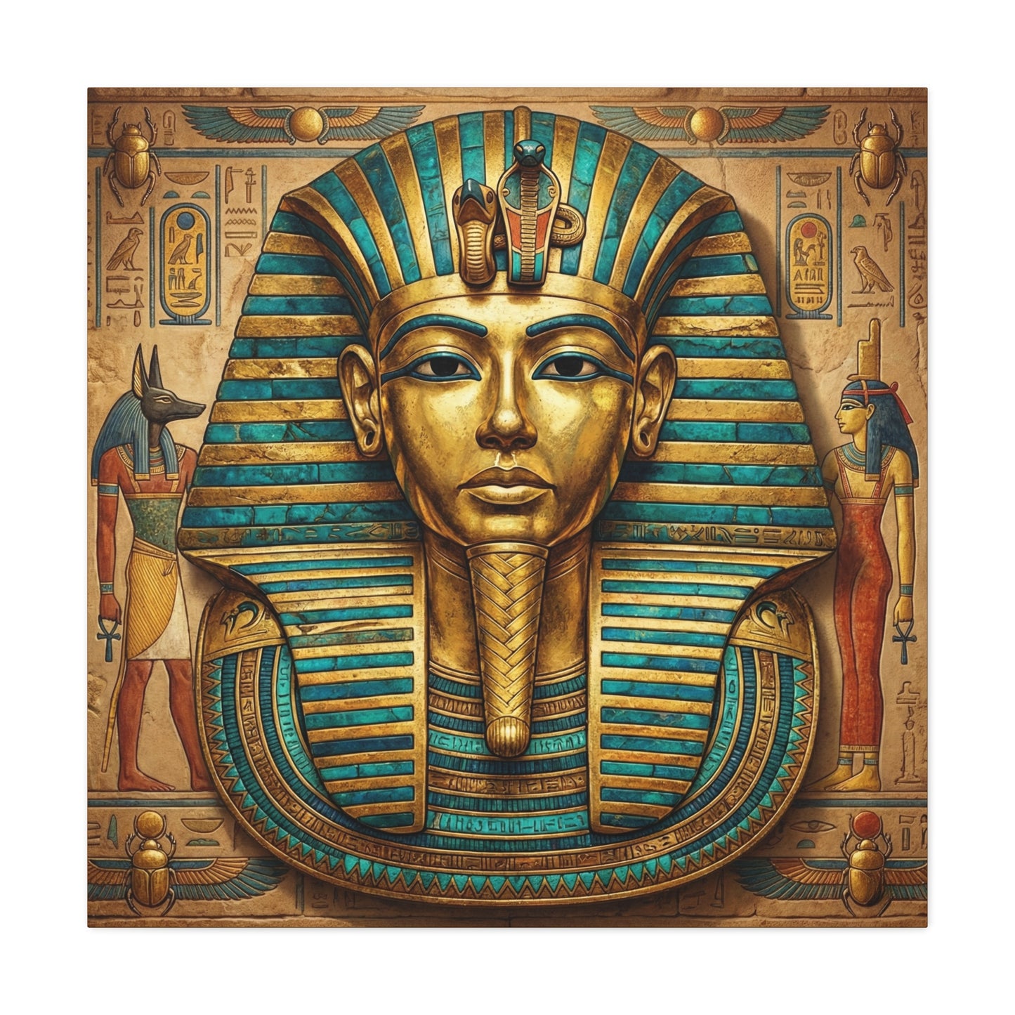 Close-up matte canvas texture detail on minimalist Egyptian pharaoh mask print
