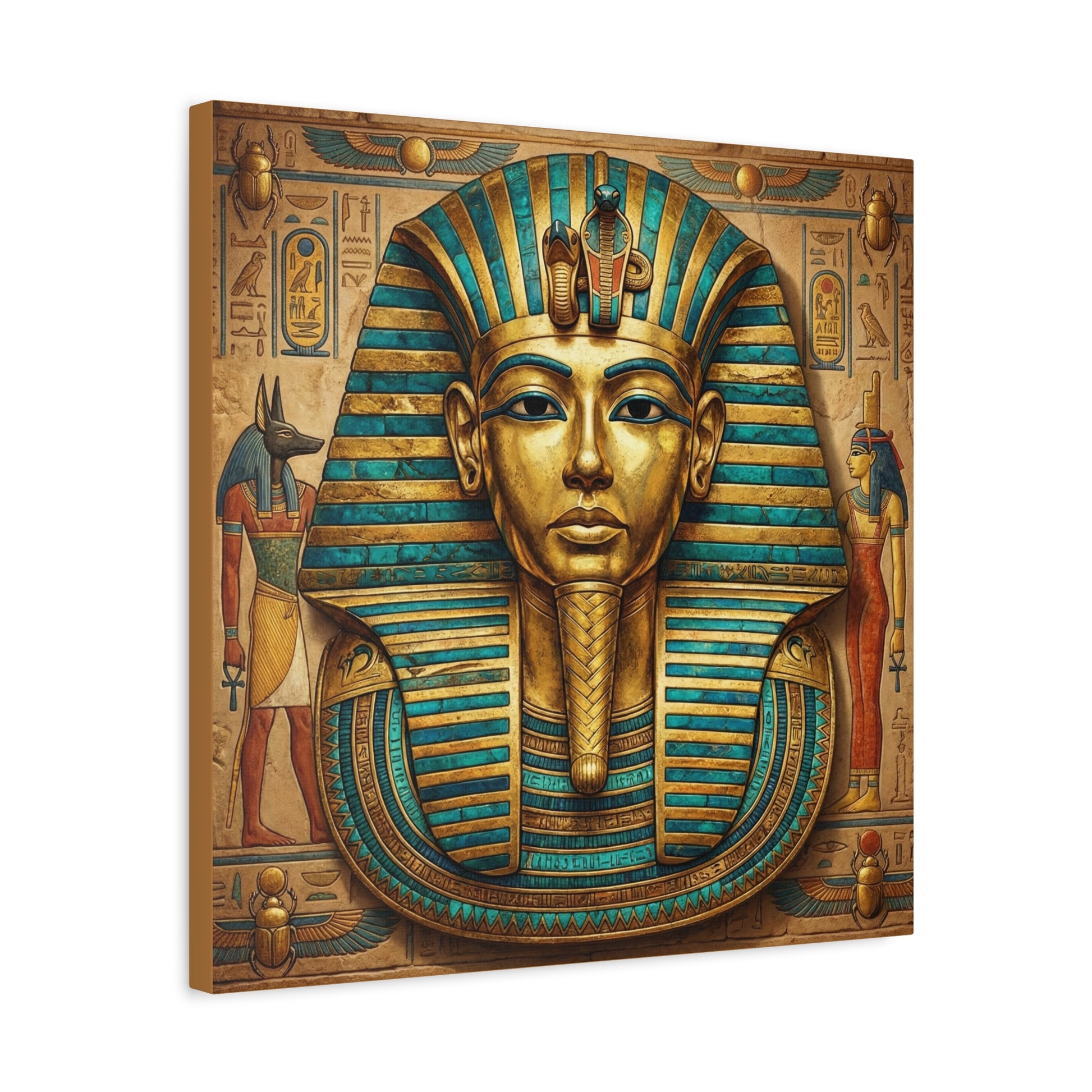 Pharaoh mask minimalist canvas in modern dining room with rattan pendant and warm decor