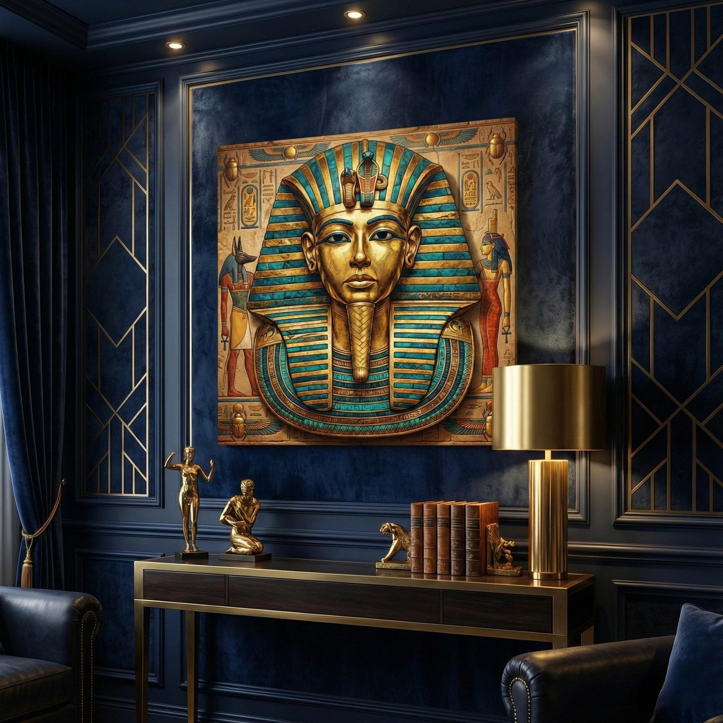 Pharaoh mask canvas in minimalist hallway above oak console — timeless Egyptian decor