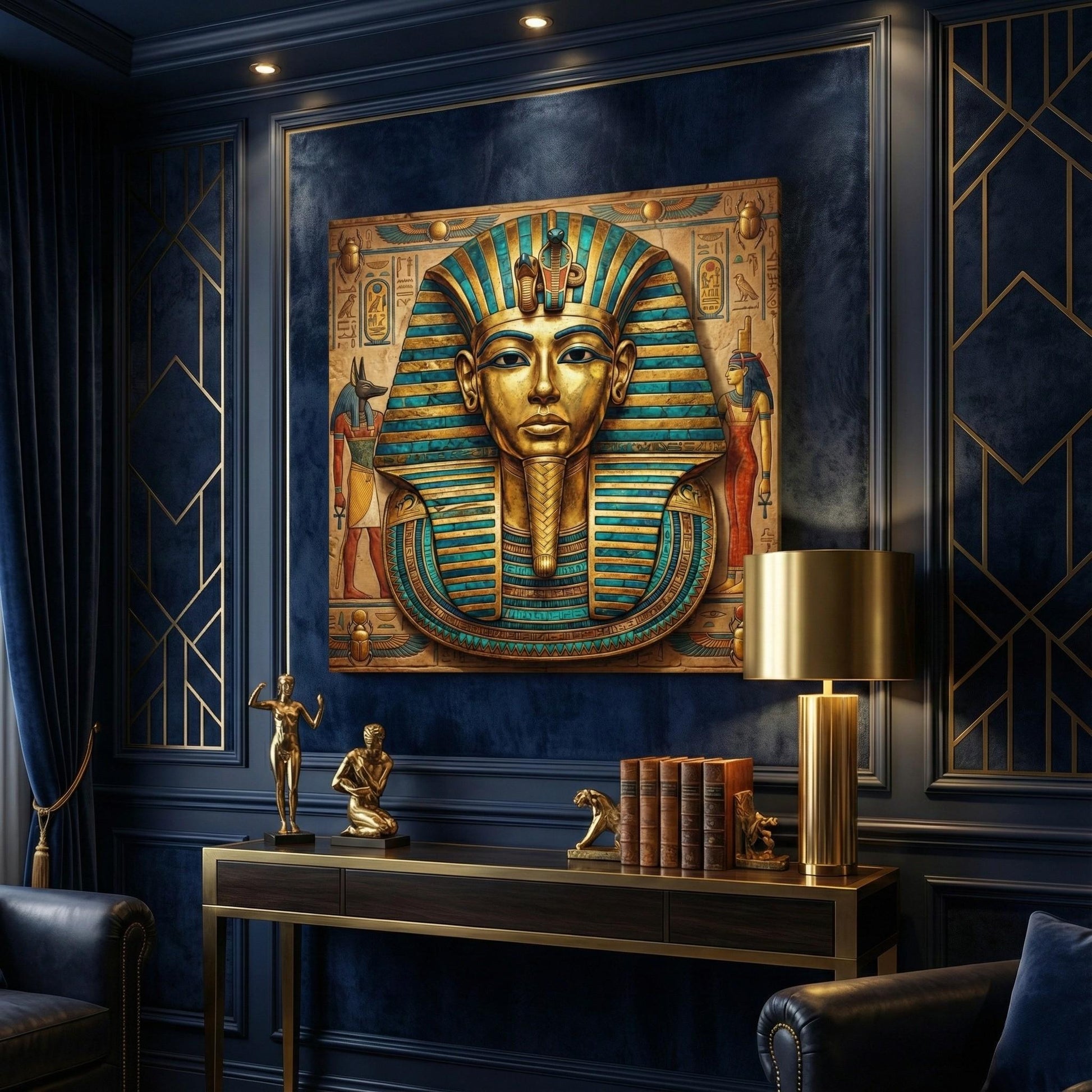 Pharaoh mask canvas in minimalist hallway above oak console — timeless Egyptian decor