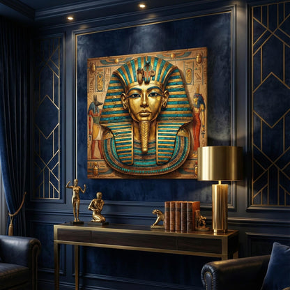 Pharaoh mask canvas in minimalist hallway above oak console — timeless Egyptian decor
