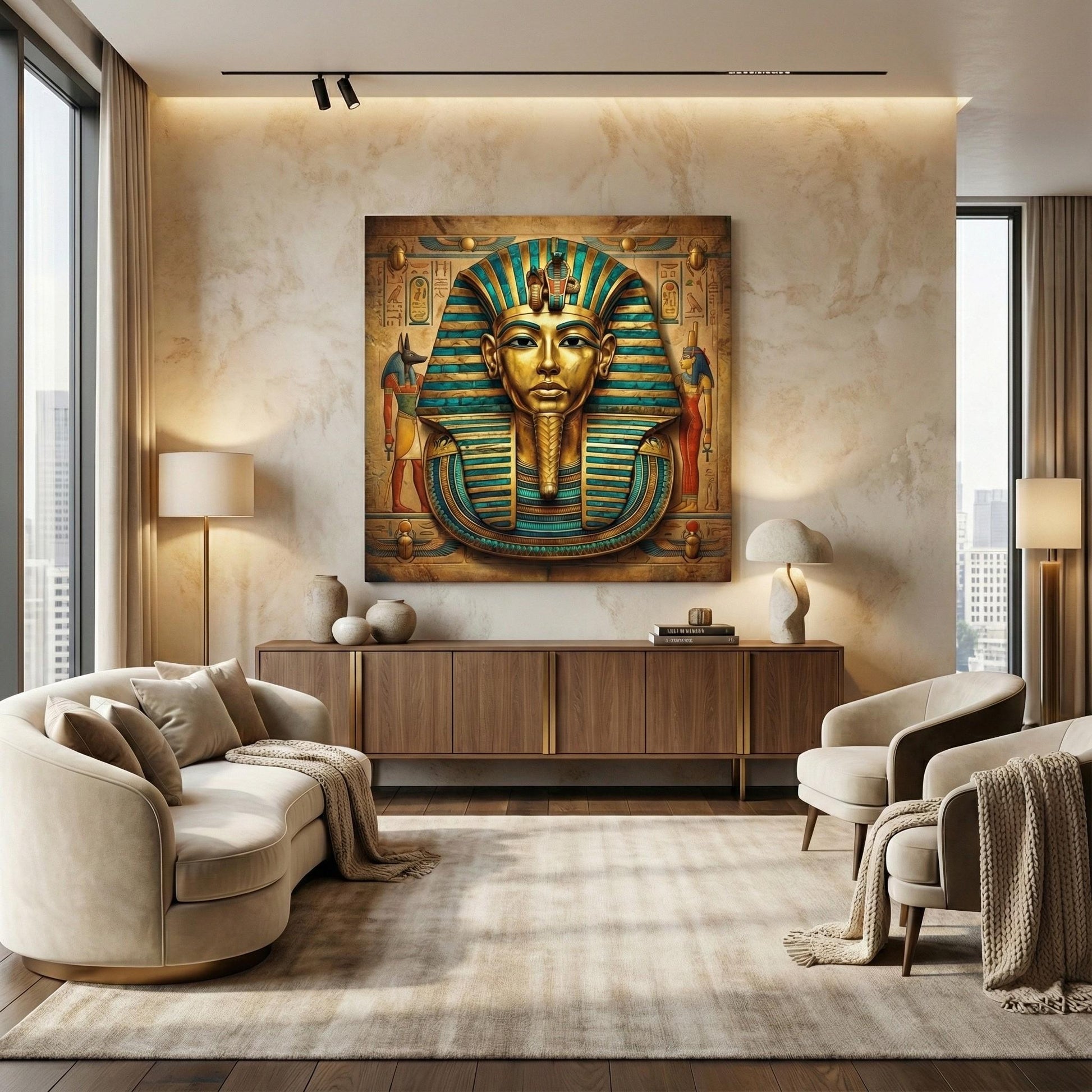 Pharaoh mask Egyptian canvas — modern minimalist timeless majesty wall art for contemporary living room
