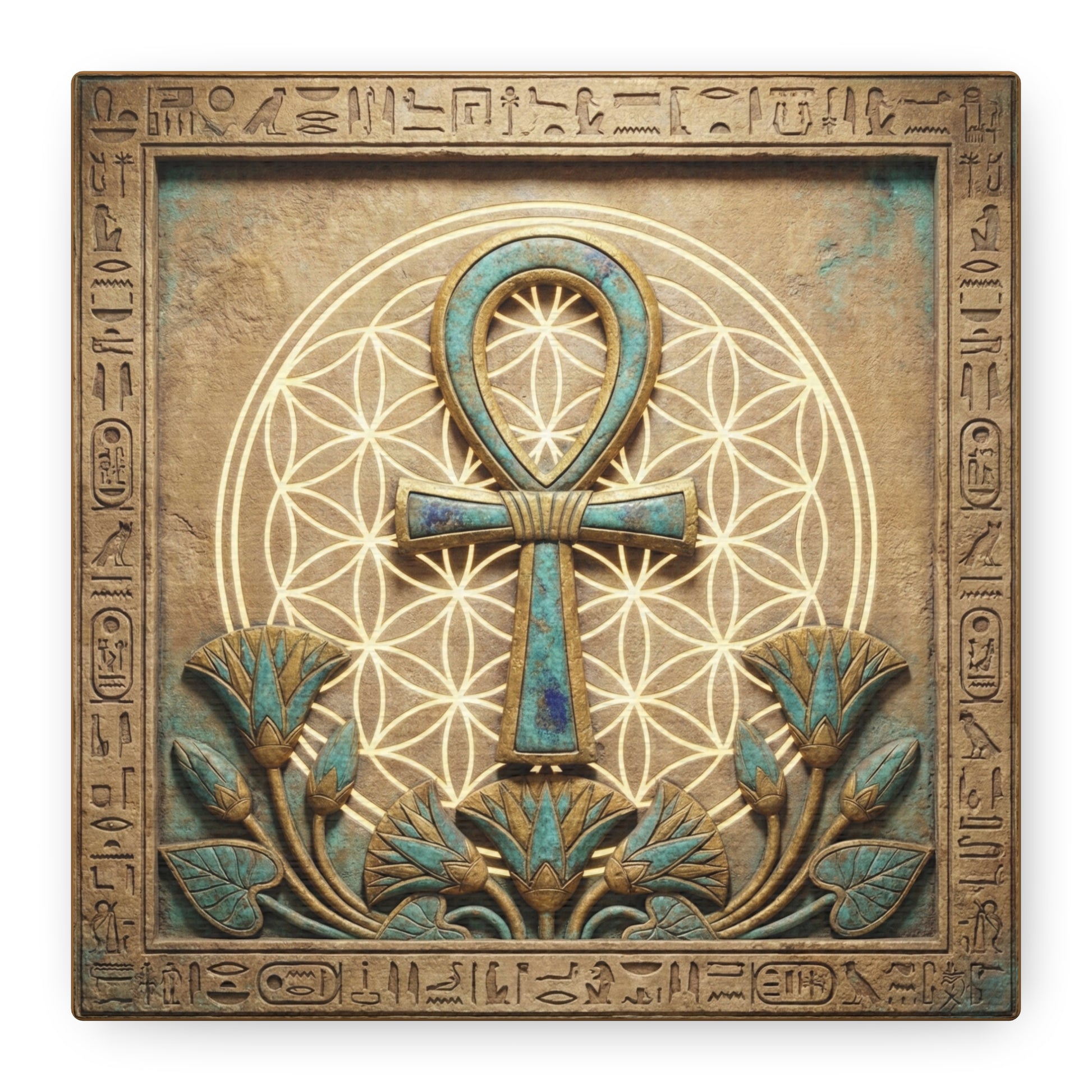 Egyptian Ankh portal canvas above yoga mat in dedicated yoga studio with neutral palette