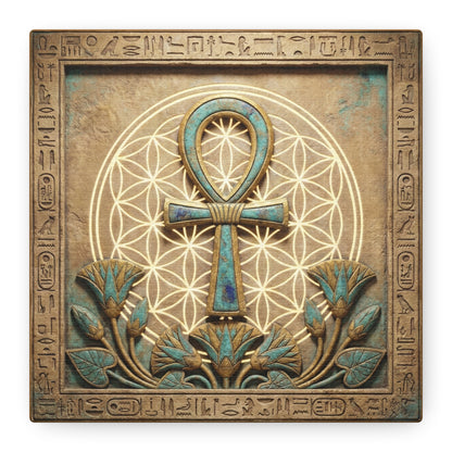 Egyptian Ankh portal canvas above yoga mat in dedicated yoga studio with neutral palette
