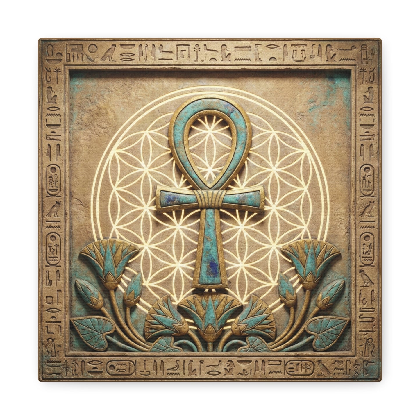 Ankh key of life canvas in modern entryway with brass console — sacred Egyptian decor