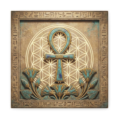 Ankh key of life canvas in modern entryway with brass console — sacred Egyptian decor
