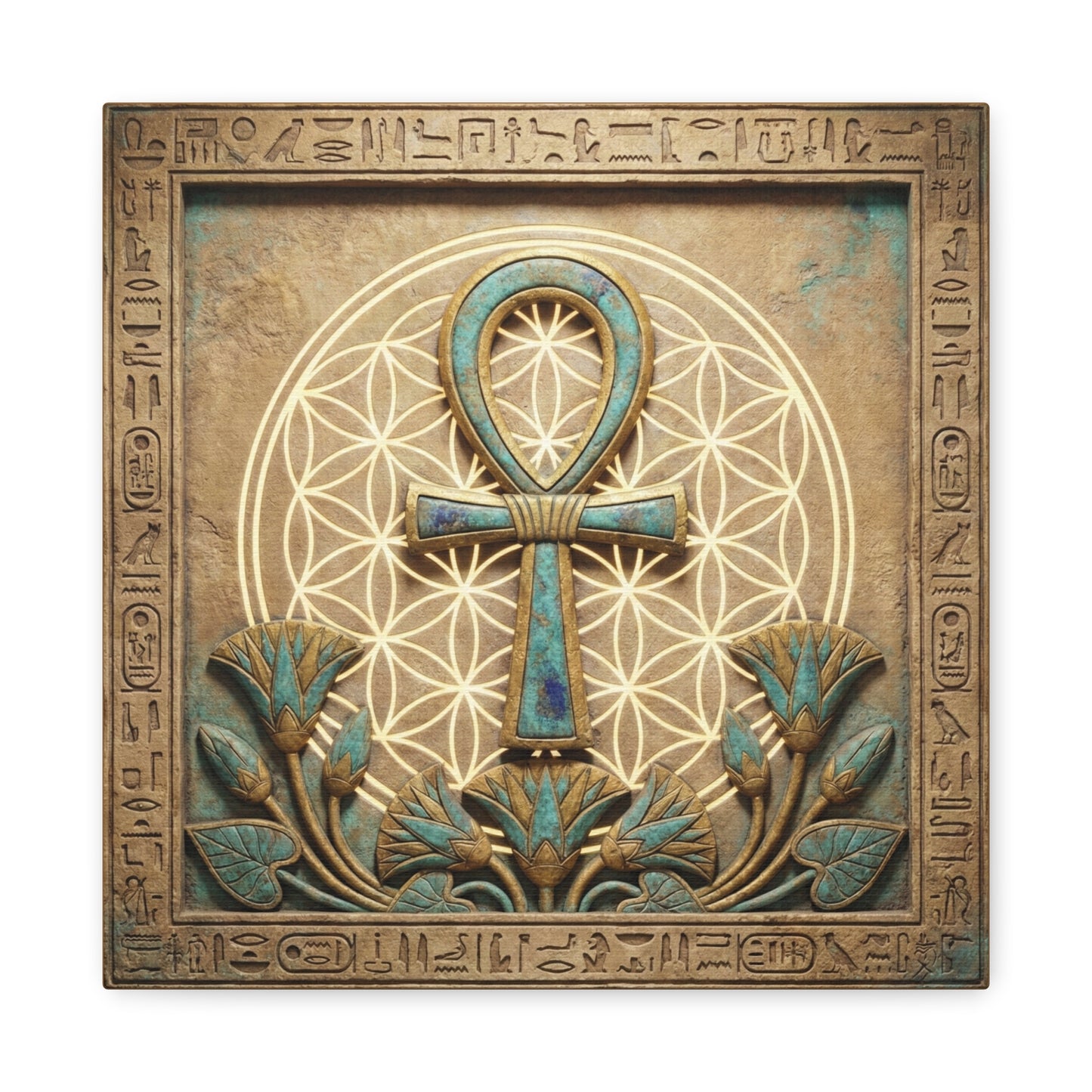 Close-up matte canvas texture and lapis blue ink detail on Egyptian Ankh key of life print