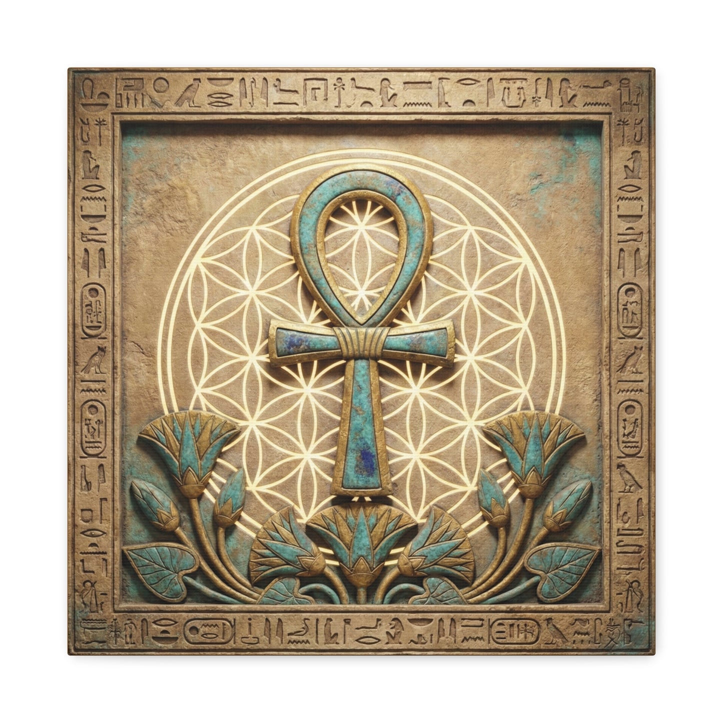 Egyptian Ankh portal canvas in yoga studio entryway with rattan accents and earthy decor